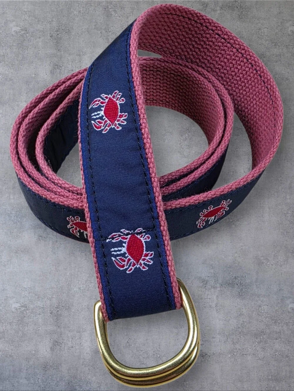 Leather Man Ltd Nautical Ribbon Belt Crab Sz XL D Ring Buckle Maritime Cape Cod